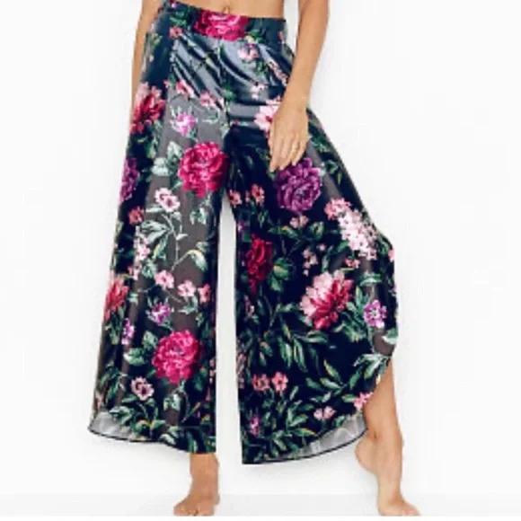 VICTORIA SECRET Floral Satin WIDE LEG TULIP Pants PAJAMA BOTTOM LOUNGE LK NEW XL - Picture 1 of 13